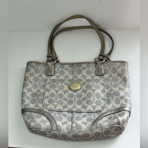 Coach Peyton Signature Heritage Leather Tote Bag  Blue, Silver - Picture 1 of 12